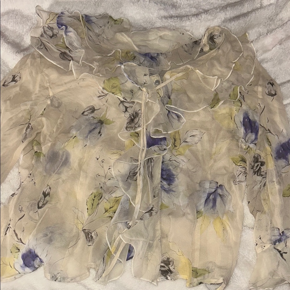 Cream Ruffled Tie Front Blouse with Bib Collar